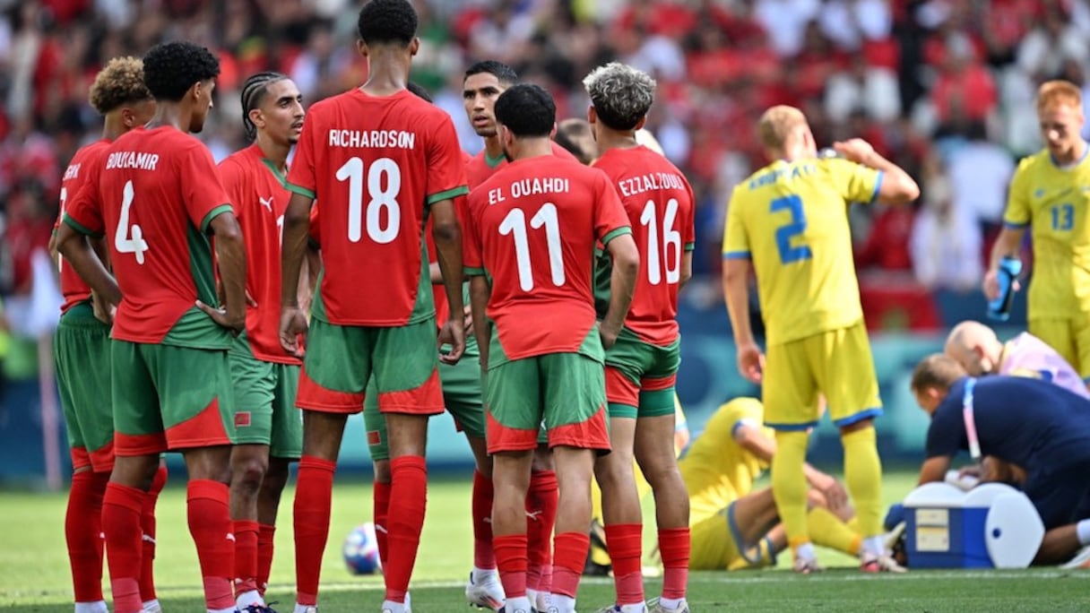 Les Lionceaux de l’Atlas contre l’Ukraine, au Stade Geoffroy-Guichard de Saint-Etienne, le 27 juillet 2024.