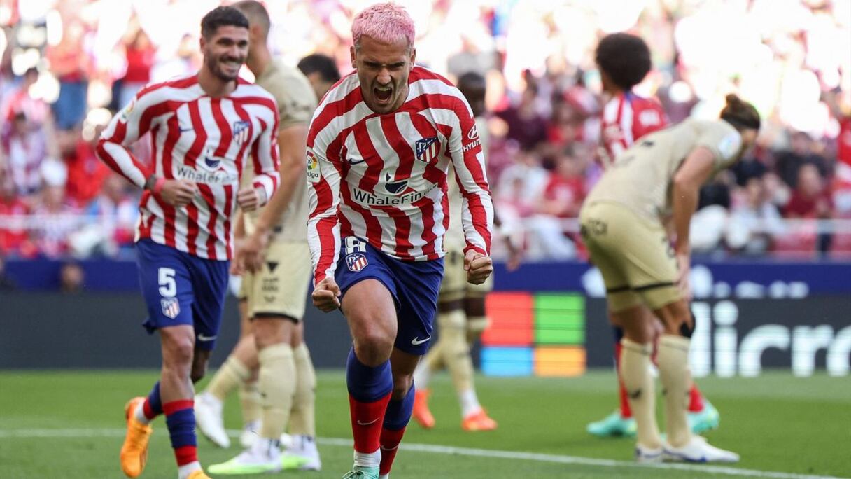 Antoine Griezmann, auteur d'un doublé, a permis à l'Atlético Madrid de remporter une 6e victoire de rang contre Almeria (2-1), le 16 avril 2023.