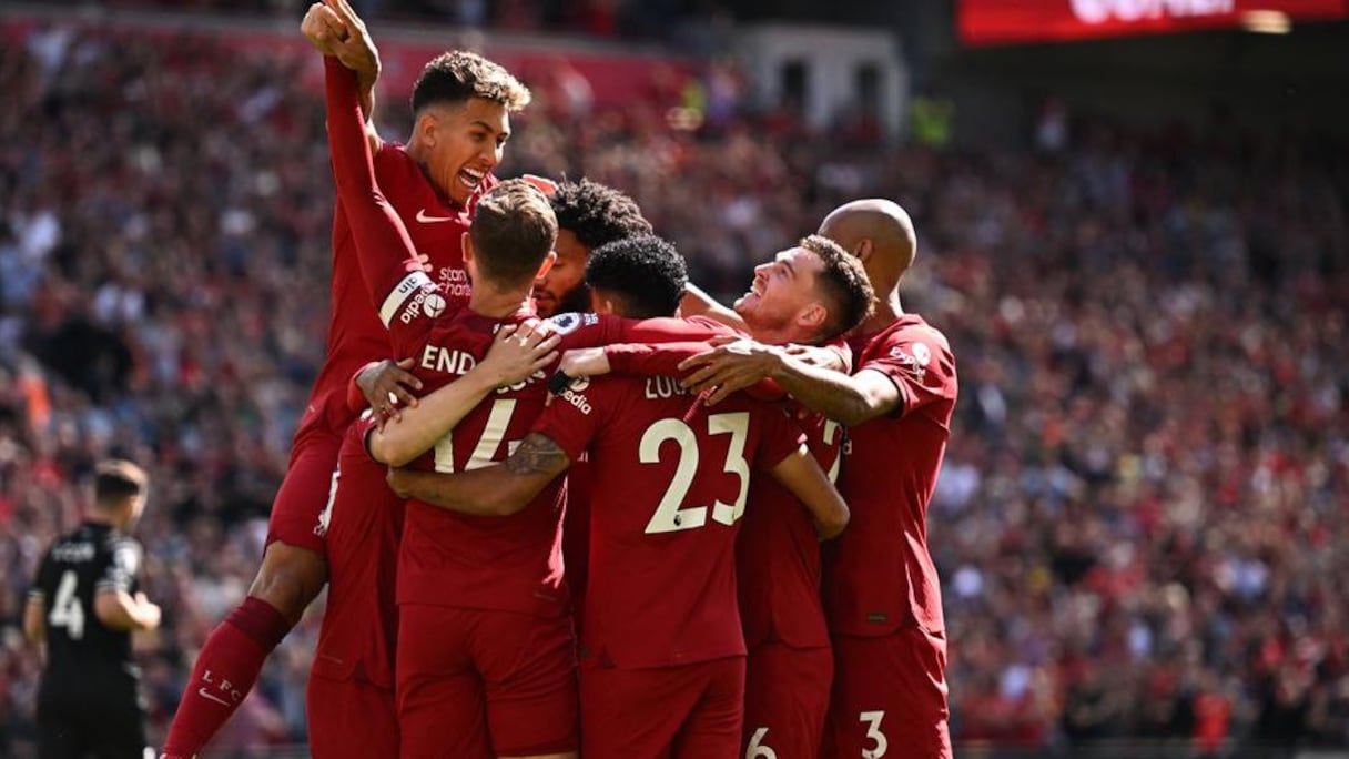 Le joie des joueurs de Liverpool après avoir écrasé Bournemouth 9-0 à Anfield, samedi 27 août 2022.