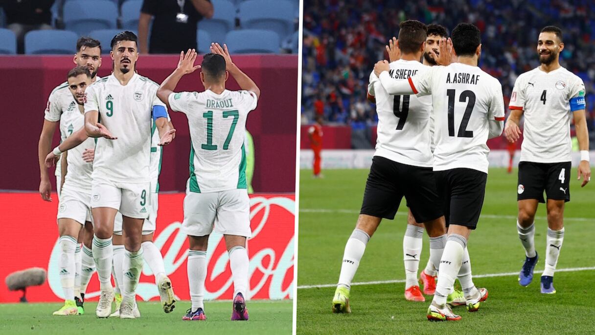 Les joueurs algériens (à gauche) et leurs homologues égyptiens exultent après leur qualification aux quarts de finale de la Coupe arabe (photo-montage).