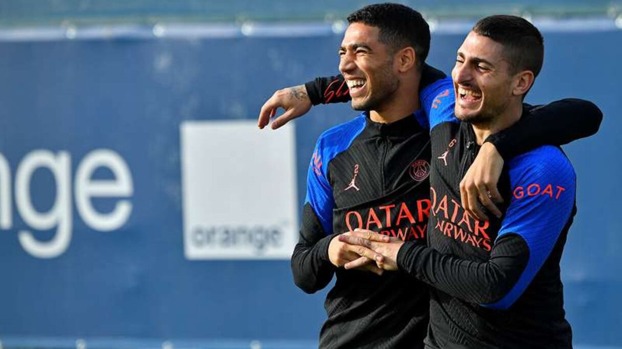 Achraf Hakimi et Marco Verratti, lors de la séance d'entrainement du PSG, le 28 octobre 2022.