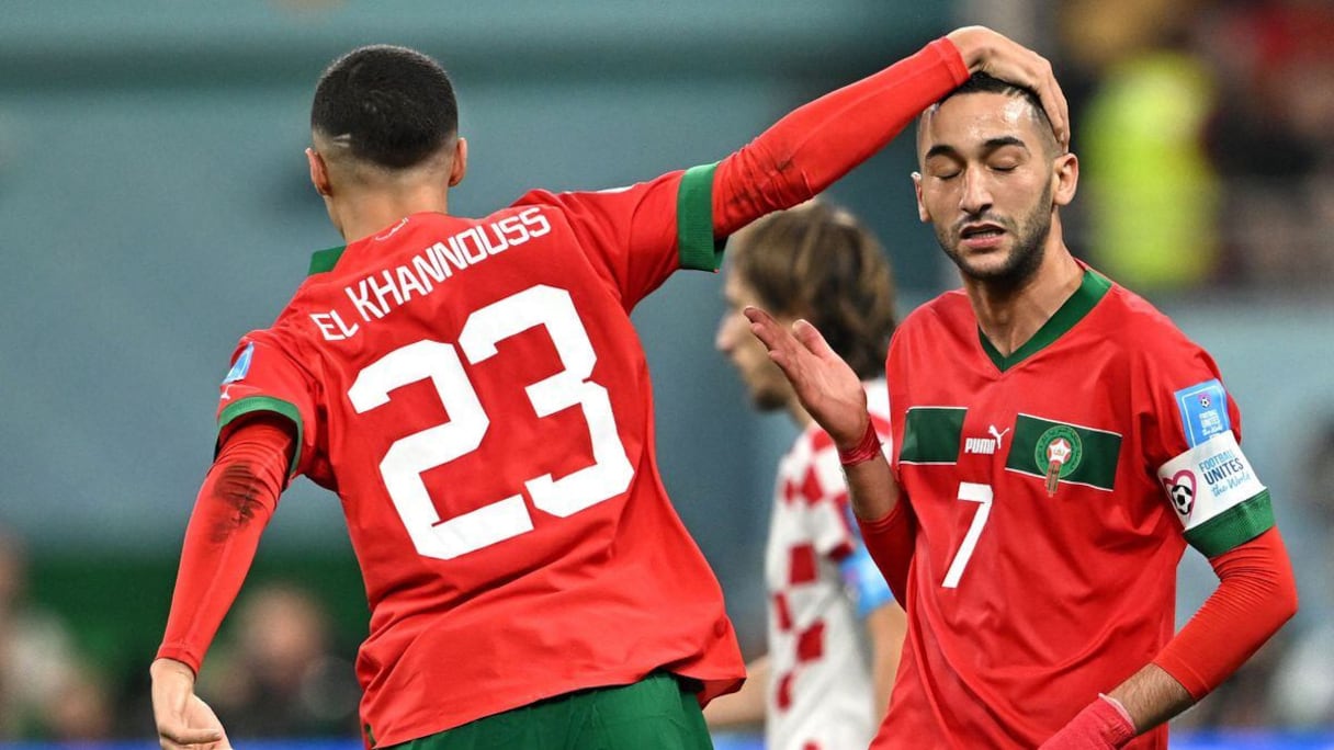 Bilal El Khannouss et Hakim Ziyech sous le maillot du Maroc.