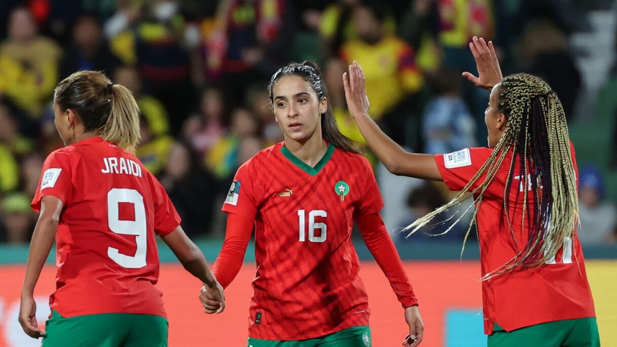La joie des Lionnes de l'Atlas après leur but contre la Colombie, le jeudi 3 août 2023.