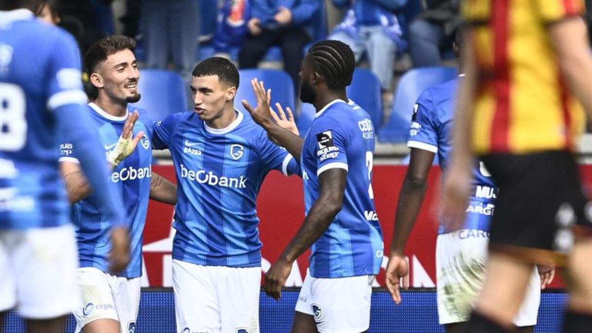 Bilal El Khannous célébrant un but de Genk face à à Malines, le 22 octobre 2023.