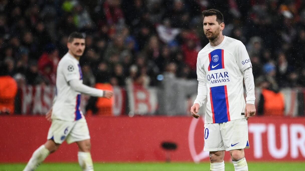 Marco Verratti et Lionel Messi (PSG) contre le Bayern Munich, le mercredi 8 mars 2023.