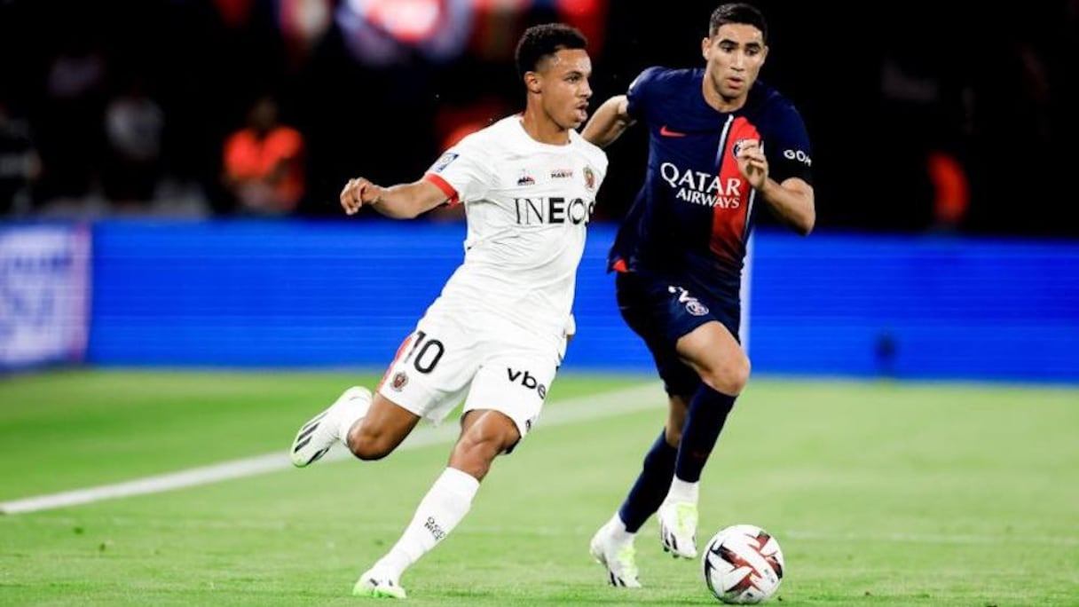 Sofiane Diop et Achraf Hakimi lors d'un match de Ligue 1 entre l’OGC Nice et le PSG. Les deux joueurs sont désormais coéquipiers en équipe nationale.