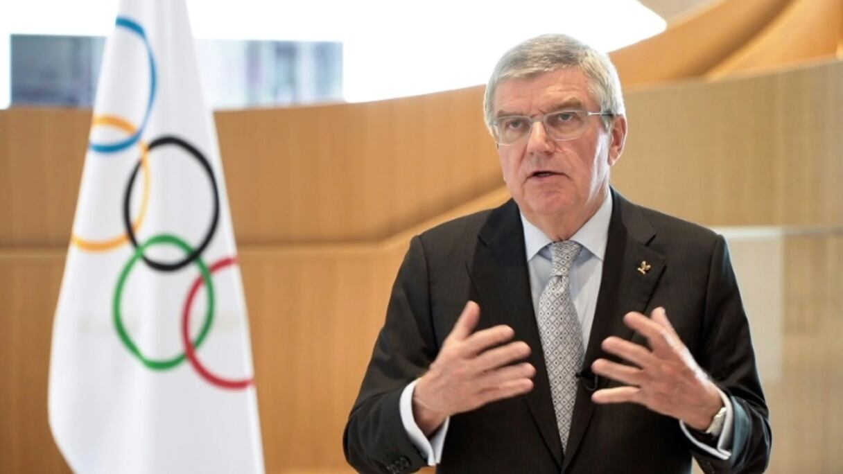 Le président du Comité international olympique donne une vidéoconférence depuis le siège de l'instance, le 25 mars 2020 à Lausanne.