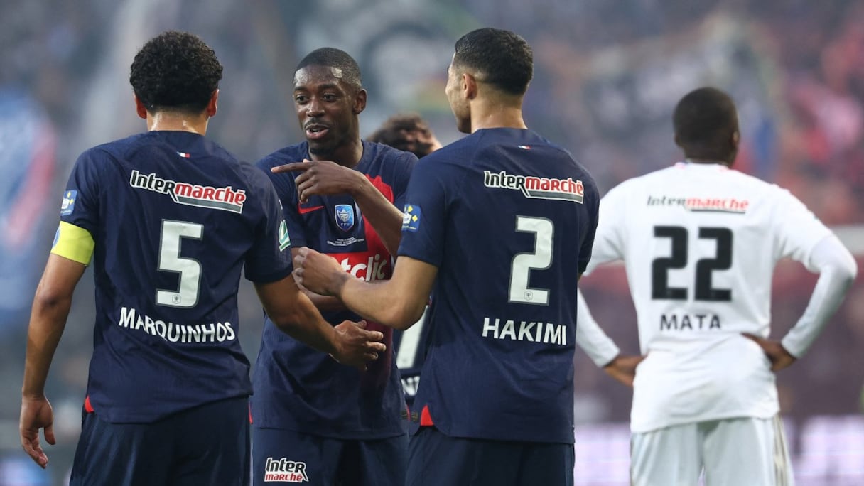 Achraf Hakimi, Ousmane Dembele et Marquinhos en finale de la Coupe de France contre l'Olympique Lyonnais, le 25 mai 2024.