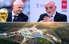 Gianni Infanti, président de la FIFA, Javier Tebas, président de LaLiga, et le stade Hassan II (photomontage).