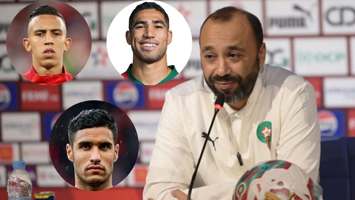 Tarik Sektioui, sélectionneur des U23, et les Lions de l'Atlas Achraf Hakimi, Munir Mohamedi et Soufiane Rahimi (Photomontage)