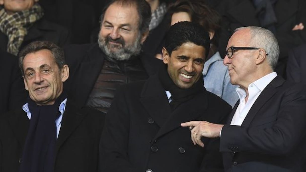 Nicolas Sarkozy, Nasser Al-Khelaïfi et Frank McCourt au Parc des Princes le 23 octobre 2016.