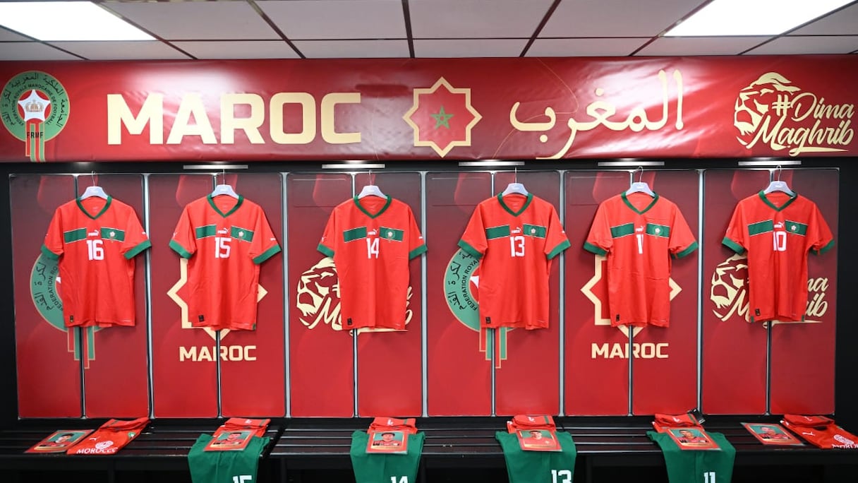 Les vestiaires des Lions de l'Atlas avant Maroc-Burkina Faso au stade Bollaert-Delelis (Lens), le 12 septembre 2023.