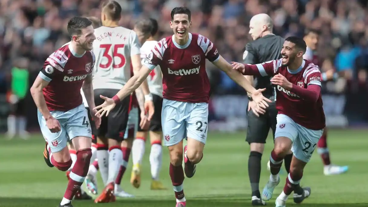 La joie de Nayef Aguerd après son victorieux pour West Ham contre Southampton, le 2 avril 2023.
