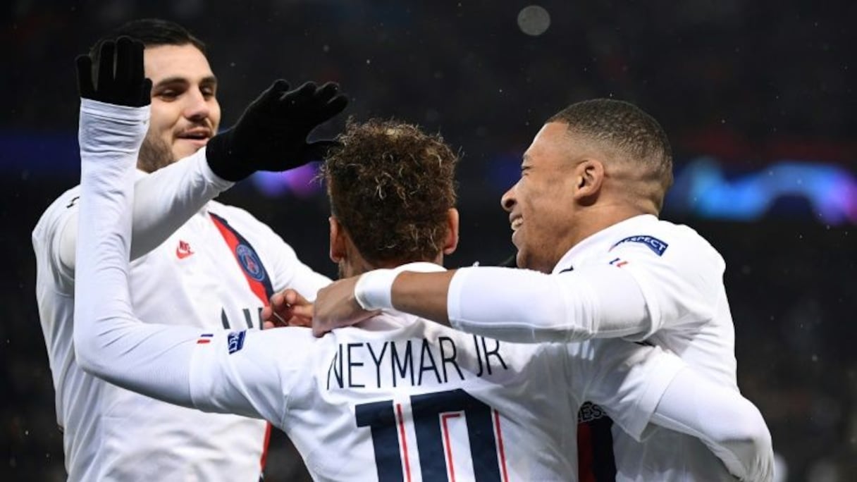 La joie de Mauro Icardi, Neymar et Kylian Mbappé après le but inscrit par le premier contre Galatasaray, lors du succès du PSG au Parc des Princes, le 11 décembre 2019.
