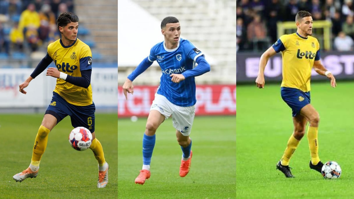 De gauche à droite: Oussama El Azzouzi (Union Saint-Gilloise), Bilal El Khannouss (KRC Genk) et Ismaël Kandouss (Union Saint-Gilloise).