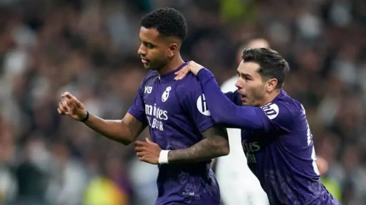 Brahim Diaz célébrant le premier but du Real contre l'Athletic Bilbao avec Rodrygo, lors de la 30e journée de la Liga.