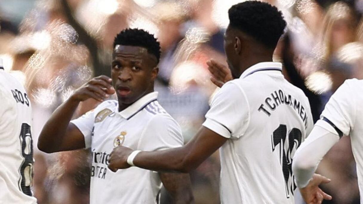 Vinicius Junior et Aurélien Tchouaméni, artisans de la victoire du Real Madrid face à l'Espanyol Barcelone (3-1), le 11 mars 2023.