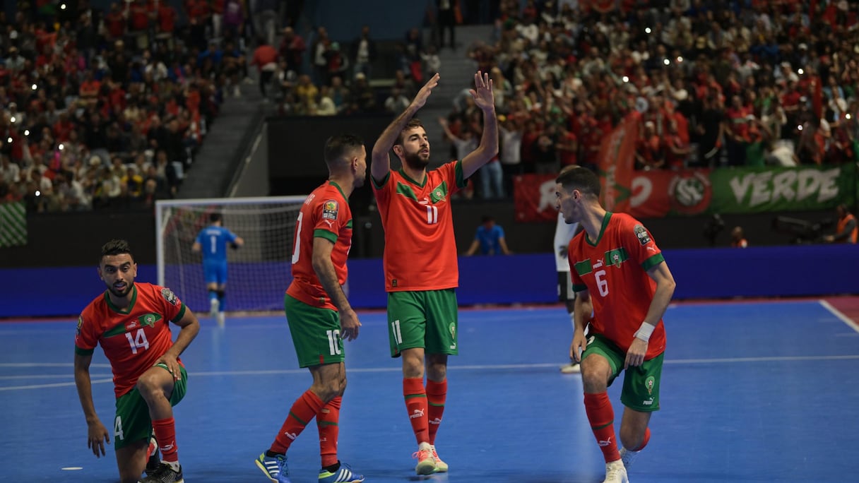 Les Lions de l'Atlas de futsal après la victoire face à la Libye, le 19 avril 2024.
