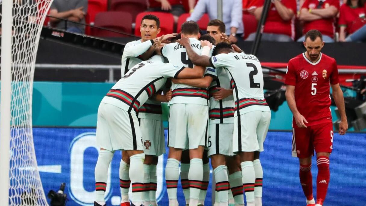 La joie des joueurs du Portugal après leur victoire sur la Hongrie 3-0.