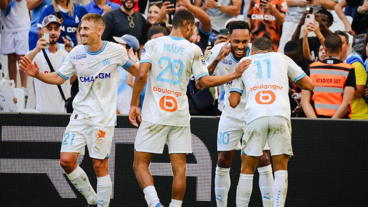 Les joueurs de l’Olympique de Marseille exultent après la victoire contre Le Havre, le 8 octobre 2023.