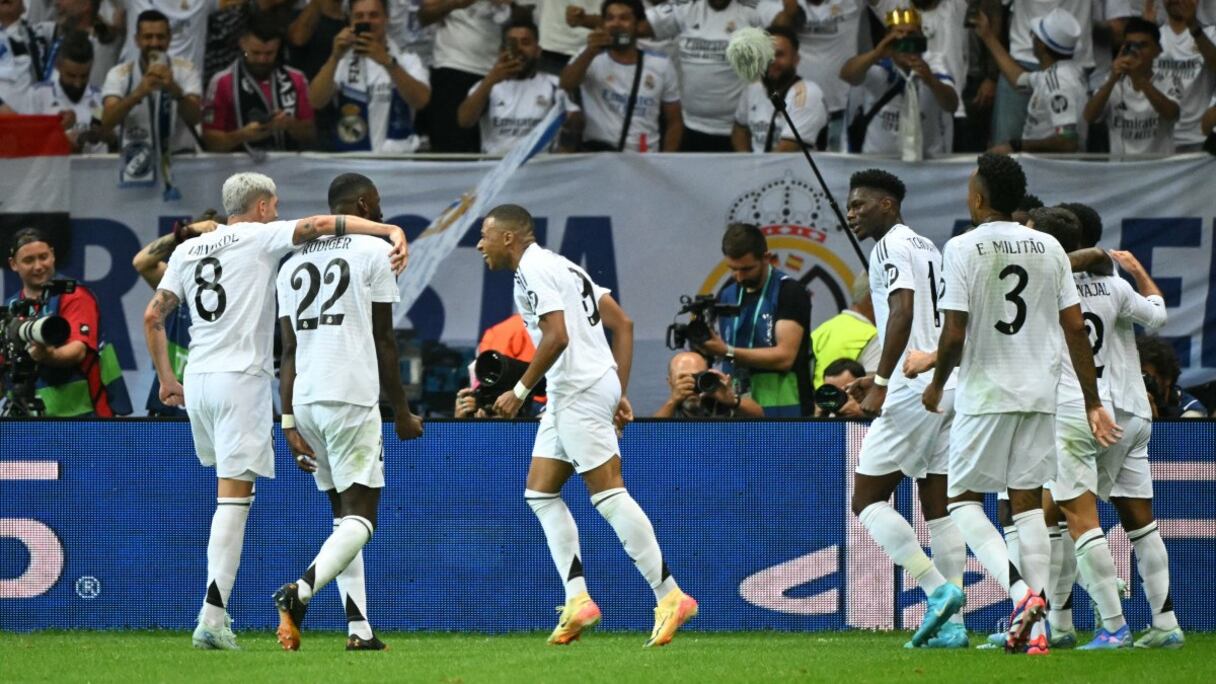 La joie des joueurs du Real Madrid contre l'Atalanta Bergame en Supercoupe d'Europe, le mercredi 14 août 2024.