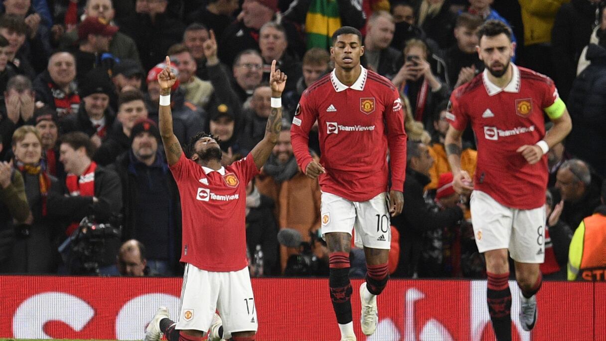 Fred (Manchester United) célèbre son but contre le FC Barcelone en Europa League, le jeudi 23 février à Old Trafford.