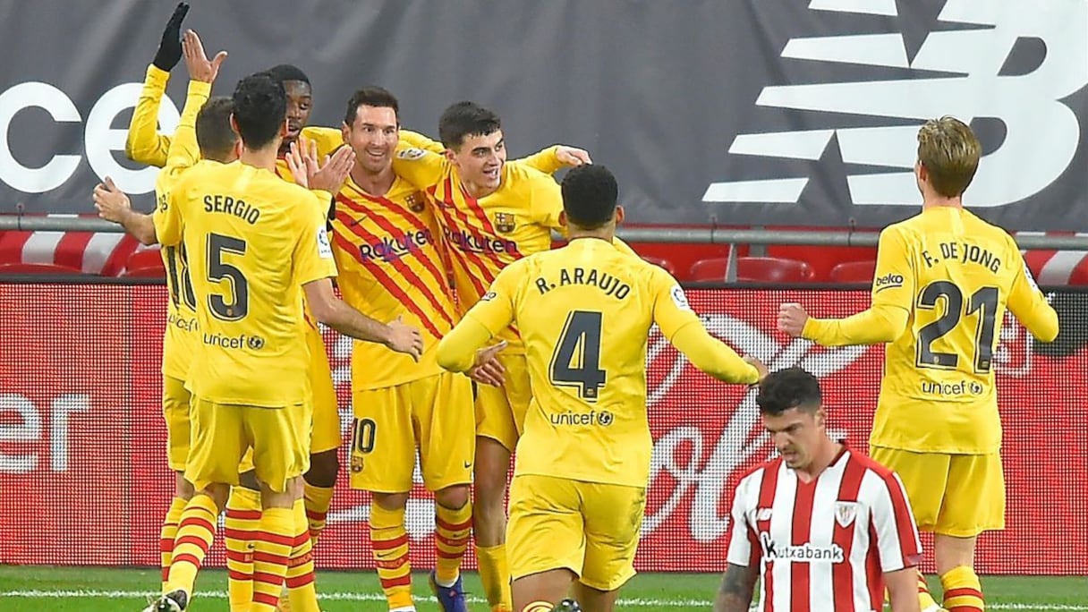 La joie des joueurs du Barça après la victoire sur la pelouse de l’Athletic Bilbao, mercredi 6 janvier 2021.