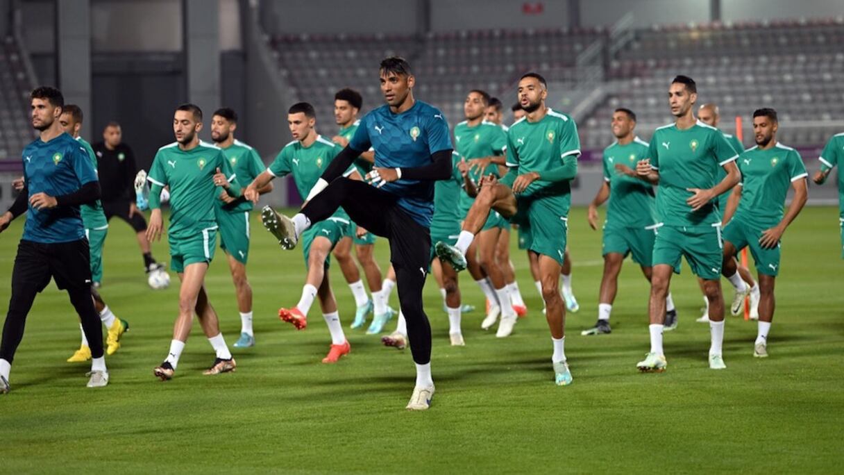 Les Lions de l'Atlas lors d'une séance d'entrainement au Abdullah bin Khalifa Stadium, vendredi 25 novembre 2022.