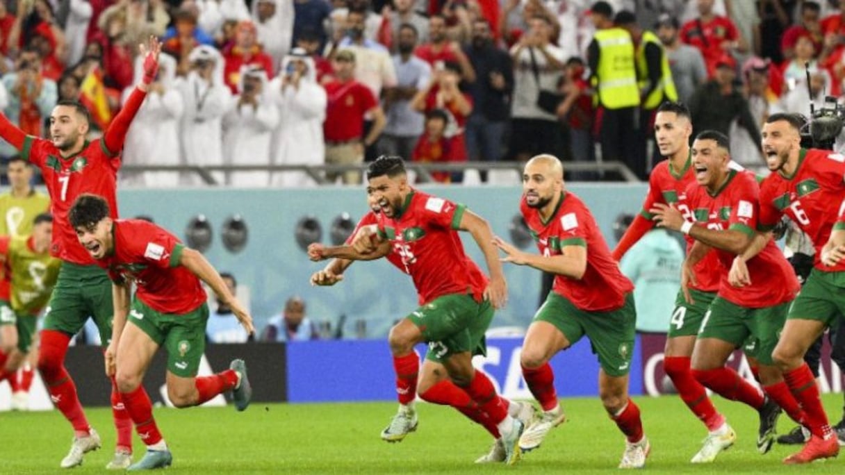 La joie des Lions de l'Atlas après la victoire face à l'Espagne.