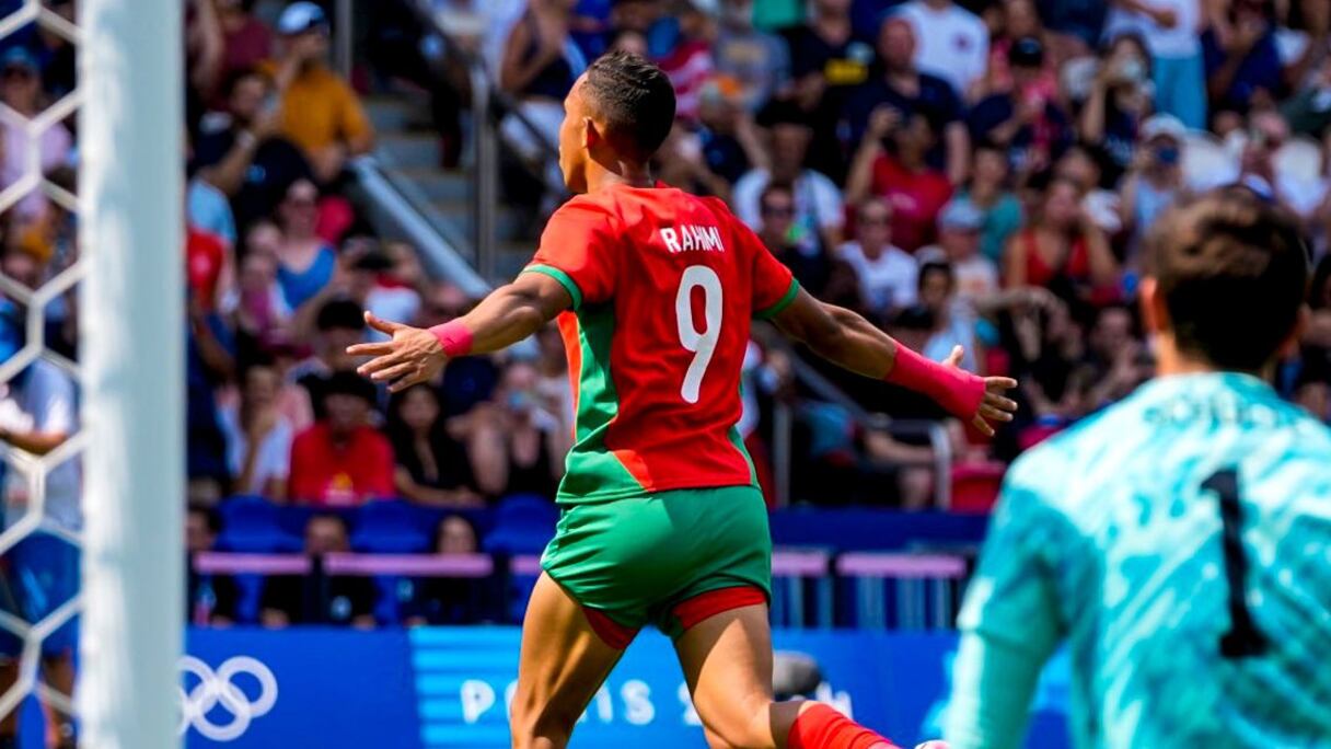 Soufiane Rahimi célèbre son but contre USA (4-0), dans le cadre des quarts de finale des Jeux Olympiques Paris 2024.