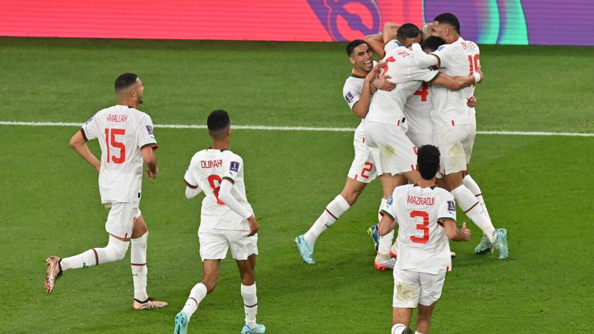 La joie des Lions de l'Atlas contre la Belgique, le 27 novembre 2022.