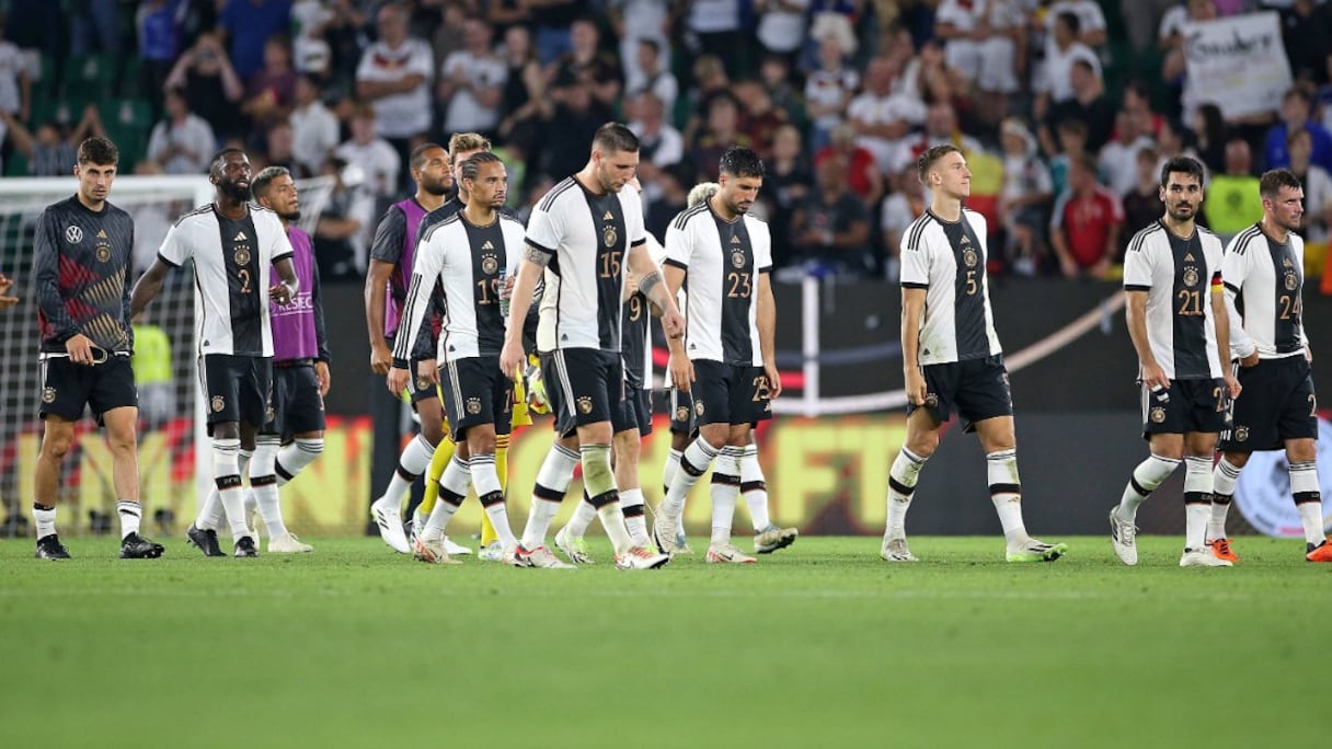 La déception des joueurs allemands après la défaite (1-4) à domicile contre le Japon, le 9 septembre 2023.