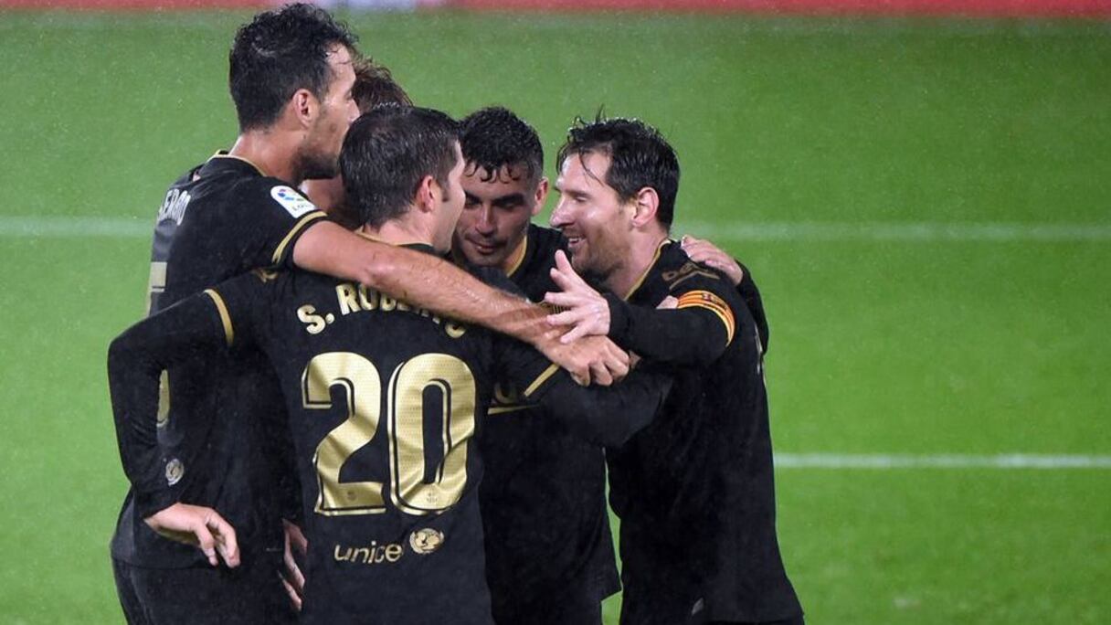 Les joueurs du Barça exultent après leur victoire à Vigo (0-3).