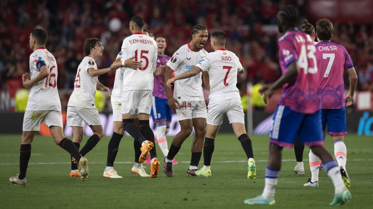 La joie des joueurs de Séville FC contre la Juventus, le jeudi 18 mai 2023.