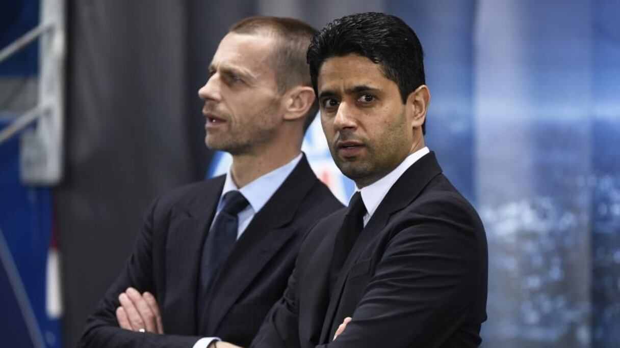 Nasser Al Khelaifi le président du PSG (premier plan), et le président de l'UEFA, Aleksander Ceferin.