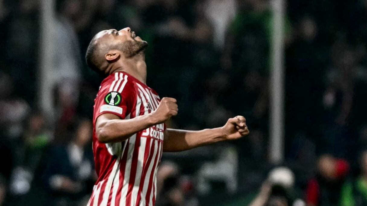 Ayoub El Kaabi héros de la finale de la Ligue Europa Conference entre l'Olympiakos et la Fiorentina, le 29 mai 2024.