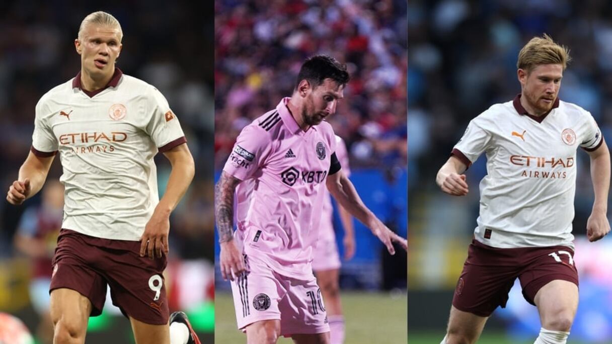 Lionel Messi, Erling Haaland et Kevin de Bruyne.