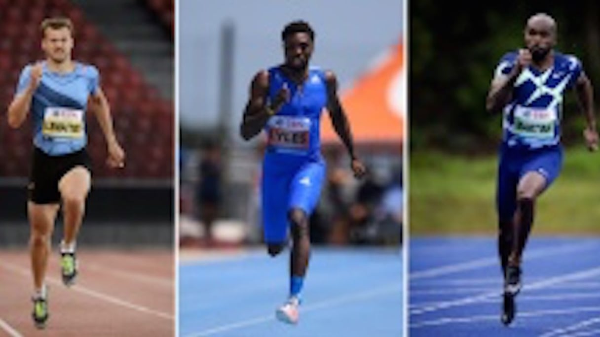 Le Français Christophe Lemaitre (g) à Zurich, l'Américain Noah Lyles (c) à Bradenton (Floride) et le Néerlandais Churandy Martina à Arnhem (Pays-Bas) lors du 200 m des Inspiration Games, le 9 juillet 2020.