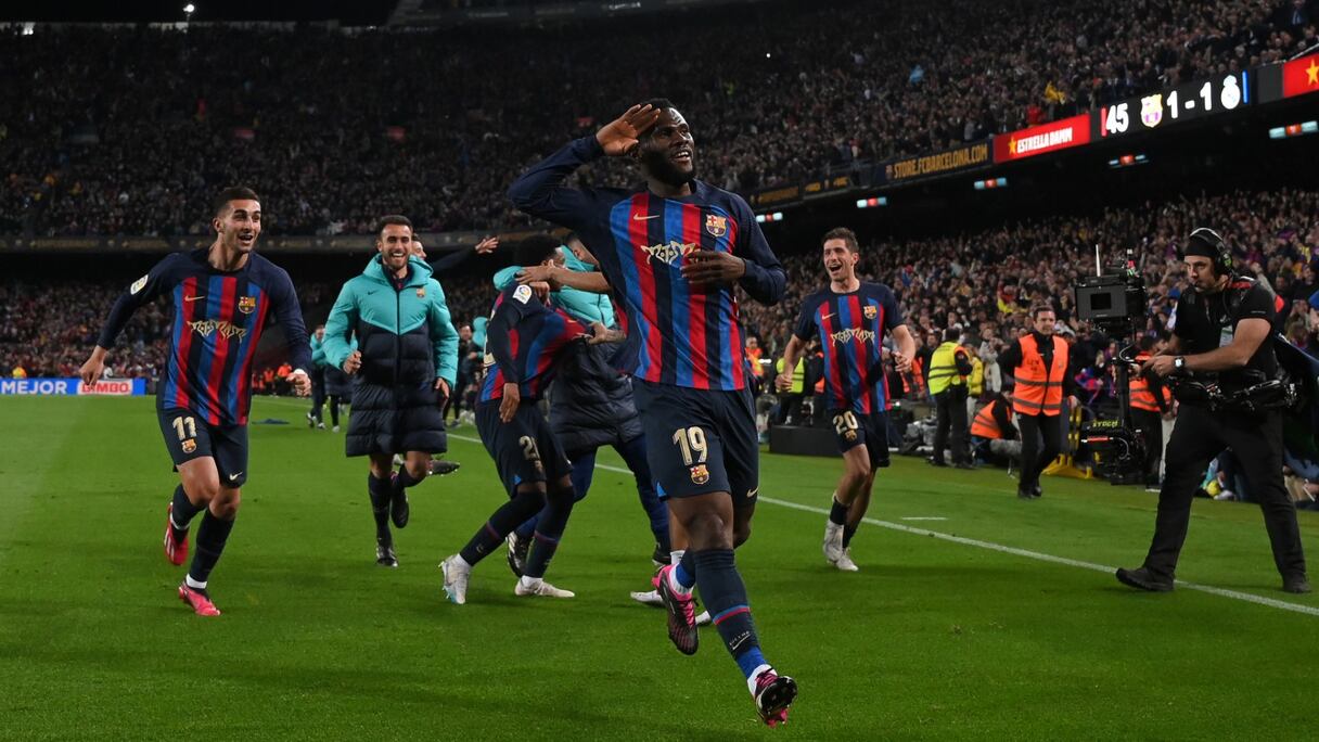 La joie des joueurs du Barça lors du Clasico contre le Real Madrid, le dimanche 19 mars 2023.