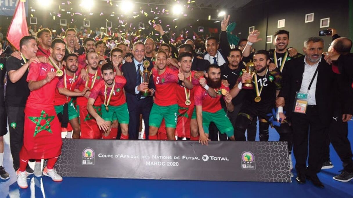 Les Lions de l'Atlas fêtant leur victoire finale en Coupe d'Afrique des nations 2020, à Laâyoune.