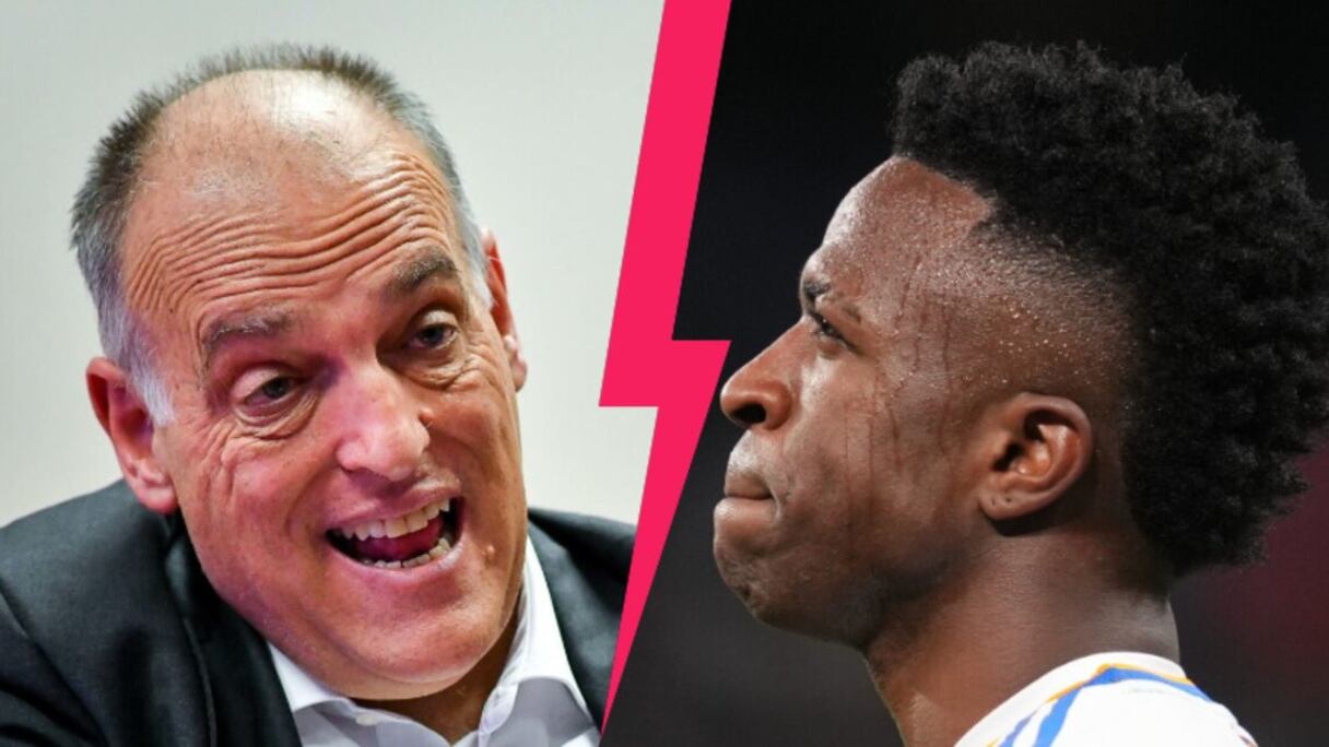 Javier Tebas, président de la Liga et Vinicius Junion, attaquant brésilien du Real Madrid.