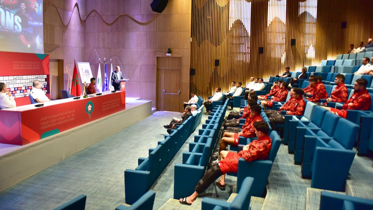 Réception en l’honneur des Lions de l’Atlas de futsal, le 22 avril 2024 au Complexe Mohammed VI de football.