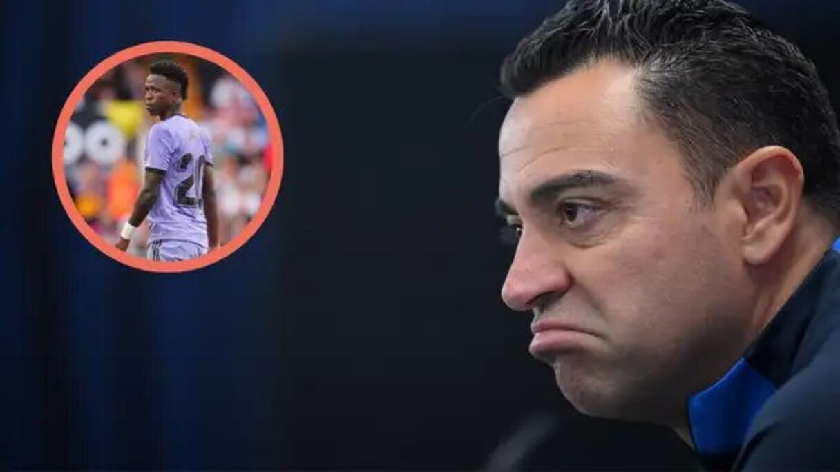 Xavi, entraineur du Barça. En médaillon: Vinicius, attaquant du Real.