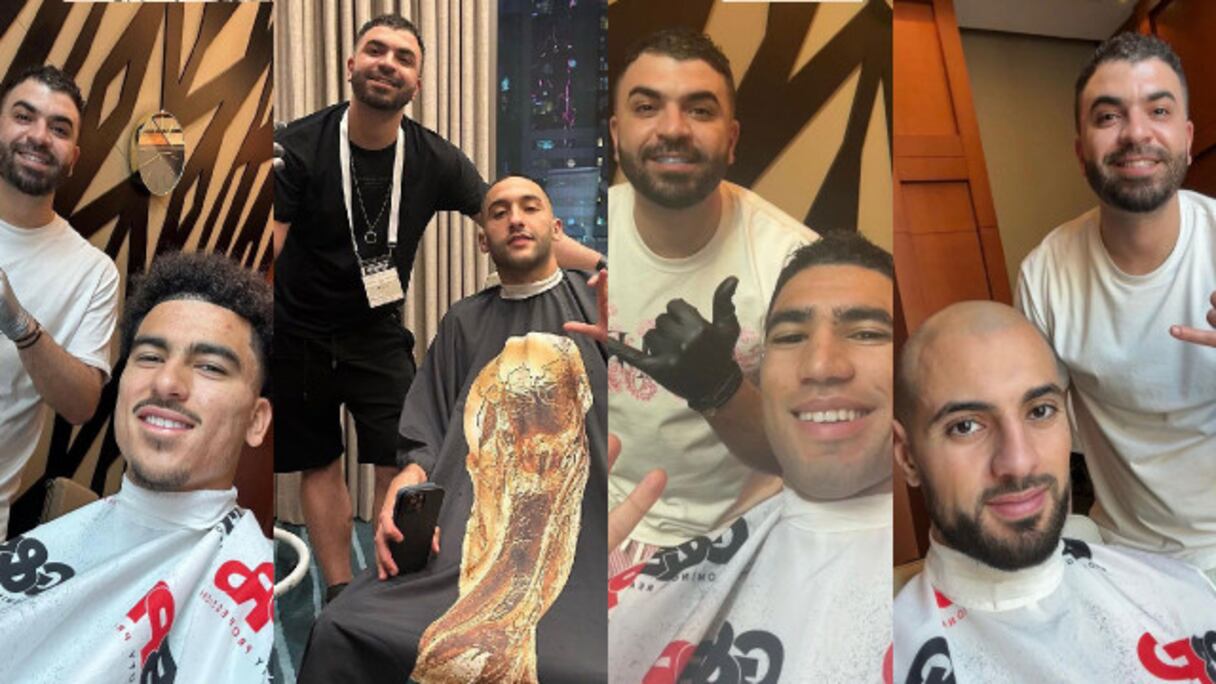 Le coiffeur Rabi Sfaxi en compagnie de Sofyan Amrabat, Achraf Hakimi, Hakim Ziyech et Zakaria Aboukhlal.