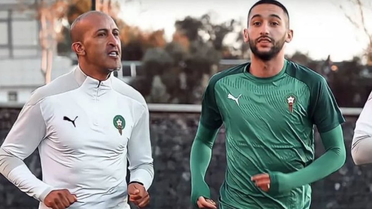 Musptapha Hadji et Hakim Ziyech lors d'une séance d'entrainement des Lions de l'Atlas.