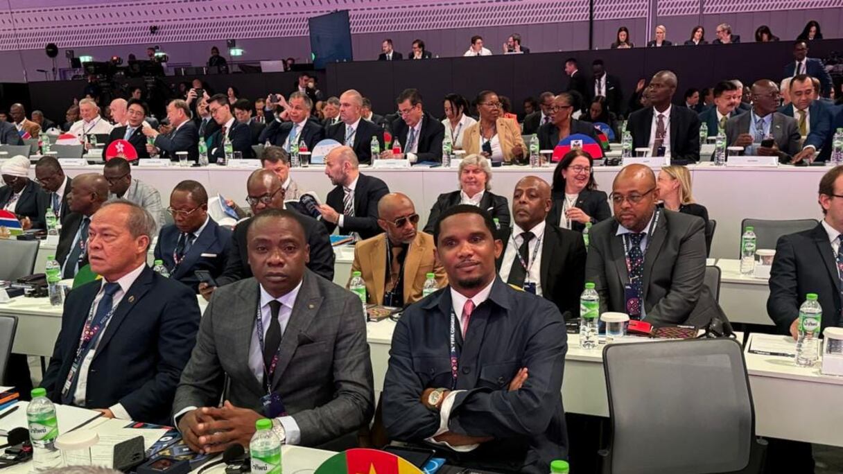 Samuel Eto'o, président de la Fecafoot, au 74e congrès de la FIFA le17 mai 2024 à Bangkok.