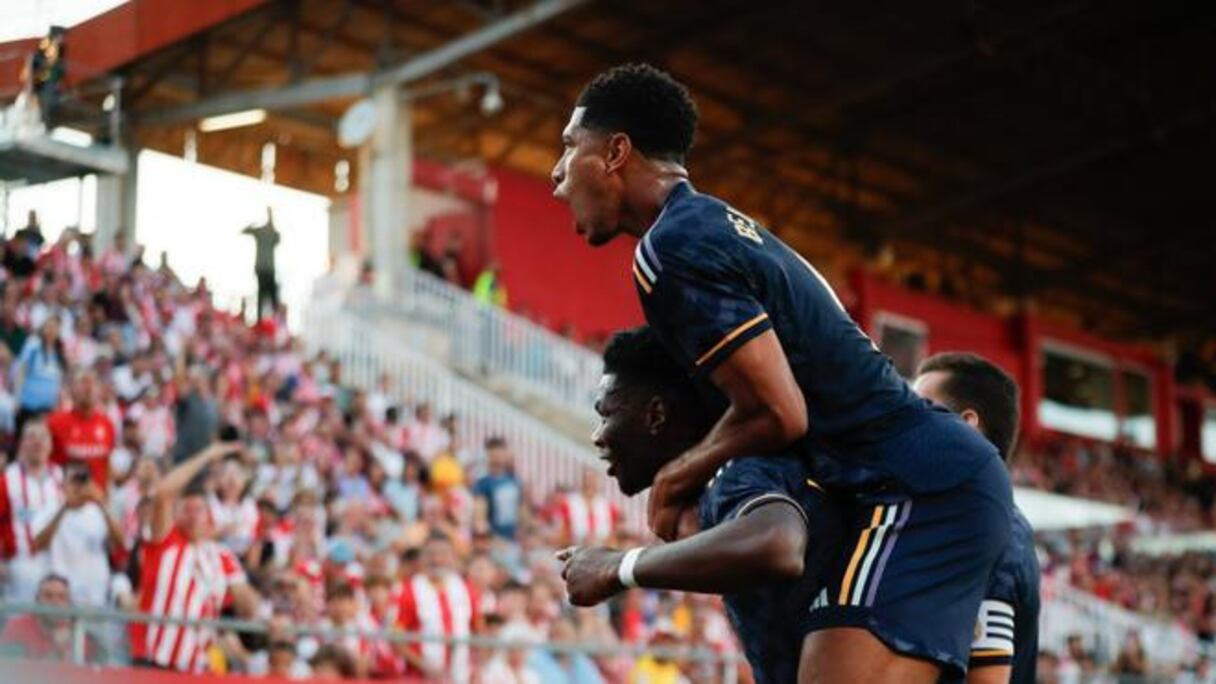 Bellingham et Tchouameni célèbrent le deuxième but du Real contre Gérone, le 30 septembre 2023.