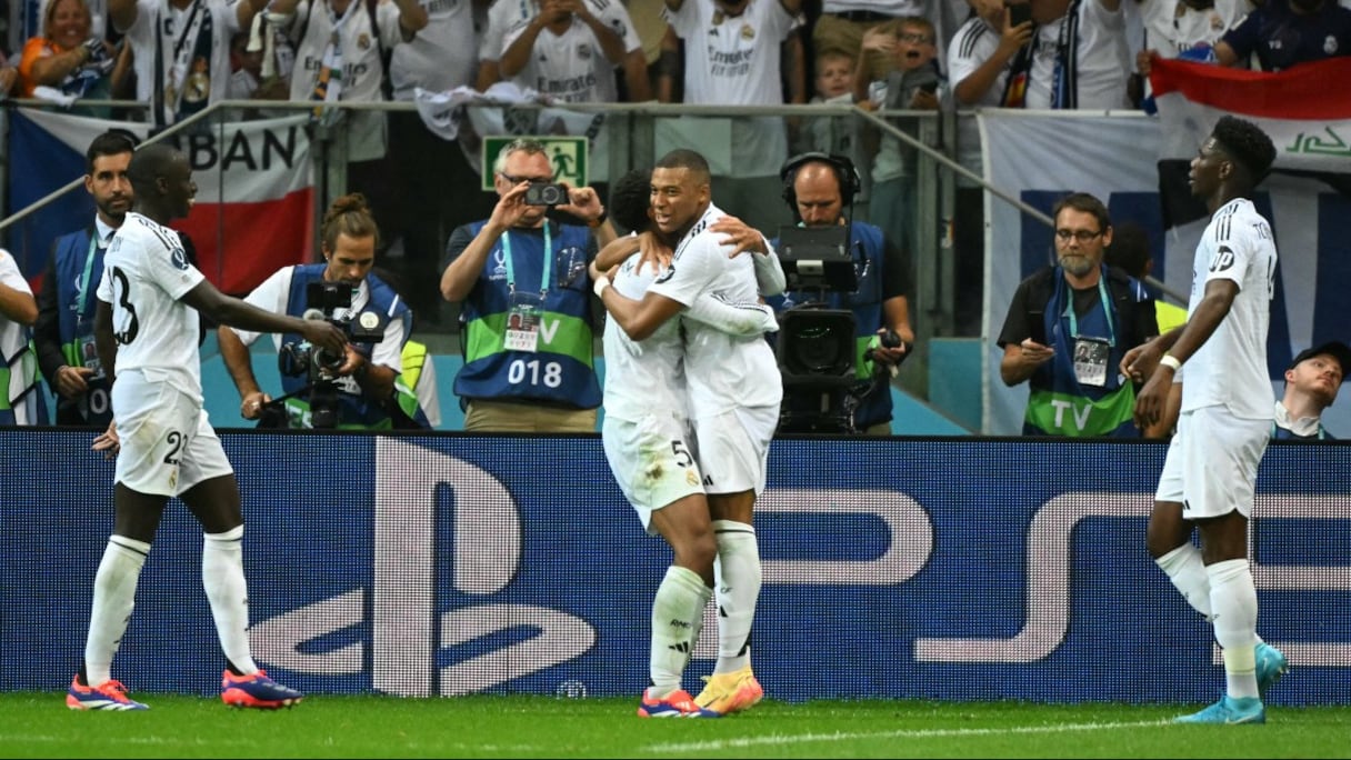 Kylian Mbappé après son premier but sous les couleurs du Real Madrid contre l'Atalanta Bergame en Supercoupe d'Europe, le mercredi 14 août 2024.