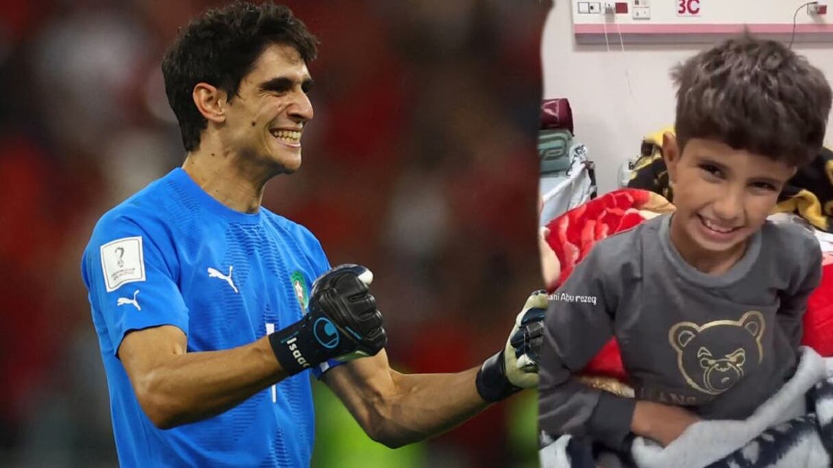 Yassine Bounou et Assif, un enfant palestinien amputé (photomontage).