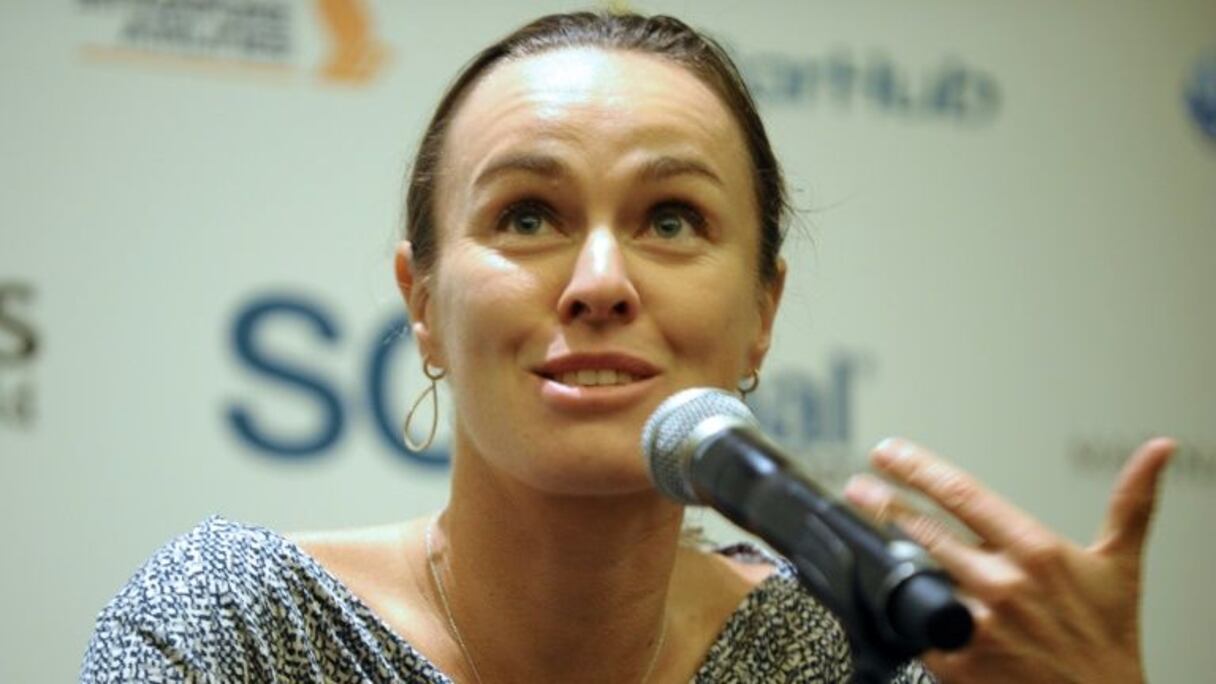 La Suissesse Martina Hingis en conférence de presse, le 24 octobre 2015 à Singapour.
